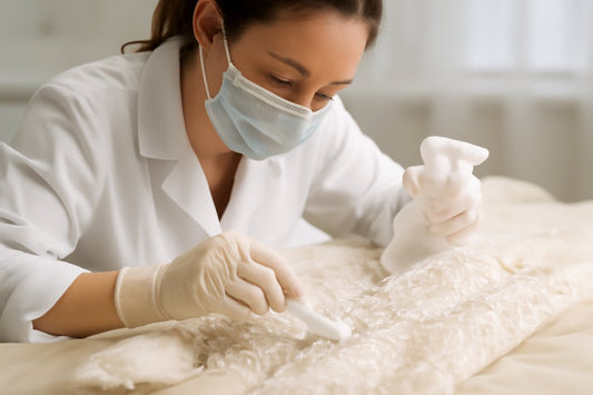 A professional conservator gently cleans a delicate wedding gown with intricate lace and beadwork, using specialized tools and gentle cleaning methods.