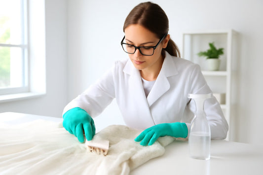 A professional conservator gently cleans a delicate wedding gown with eco-friendly solvents, highlighting the gown's intricate lace and beadwork in a bright, serene workspace.