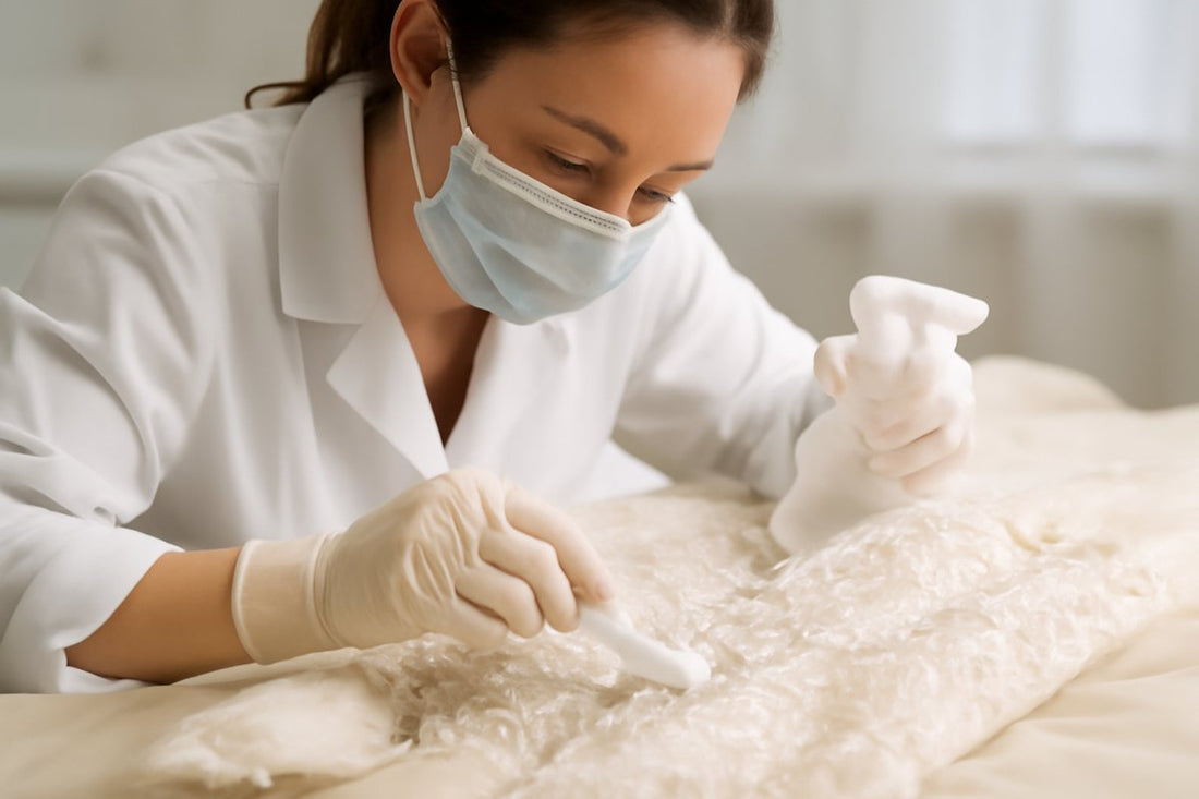 A professional conservator gently cleans a delicate wedding gown with intricate lace and beadwork, using specialized tools and gentle cleaning methods. 