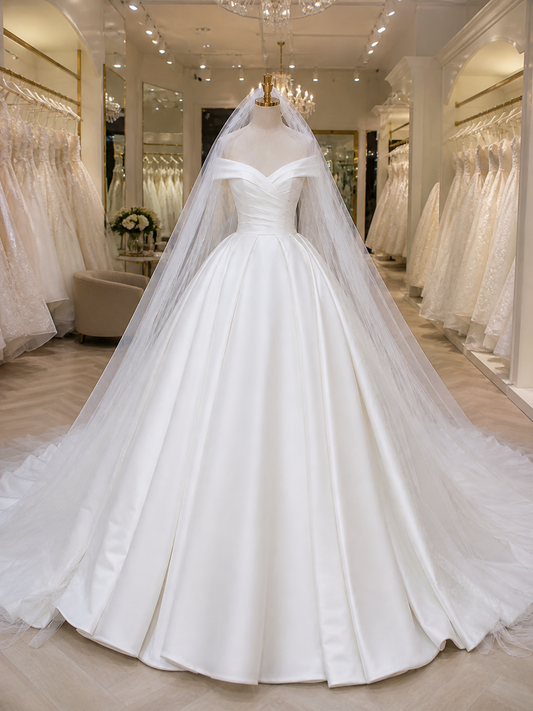 Modern white wedding dress with long veil displayed on mannequin in bridal boutique, elegant ball gown with structured bodice and full skirt.
