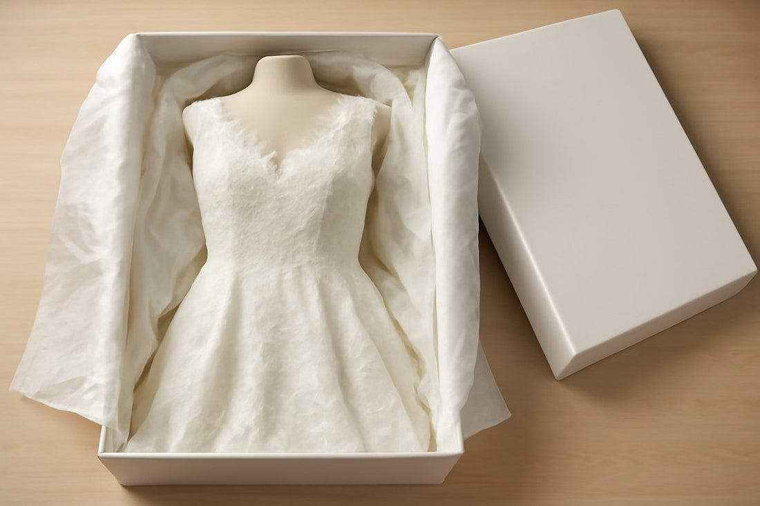 A wedding gown with delicate lace details is elegantly packed in an acid-free preservation box, surrounded by soft tissue paper to prevent damage. 